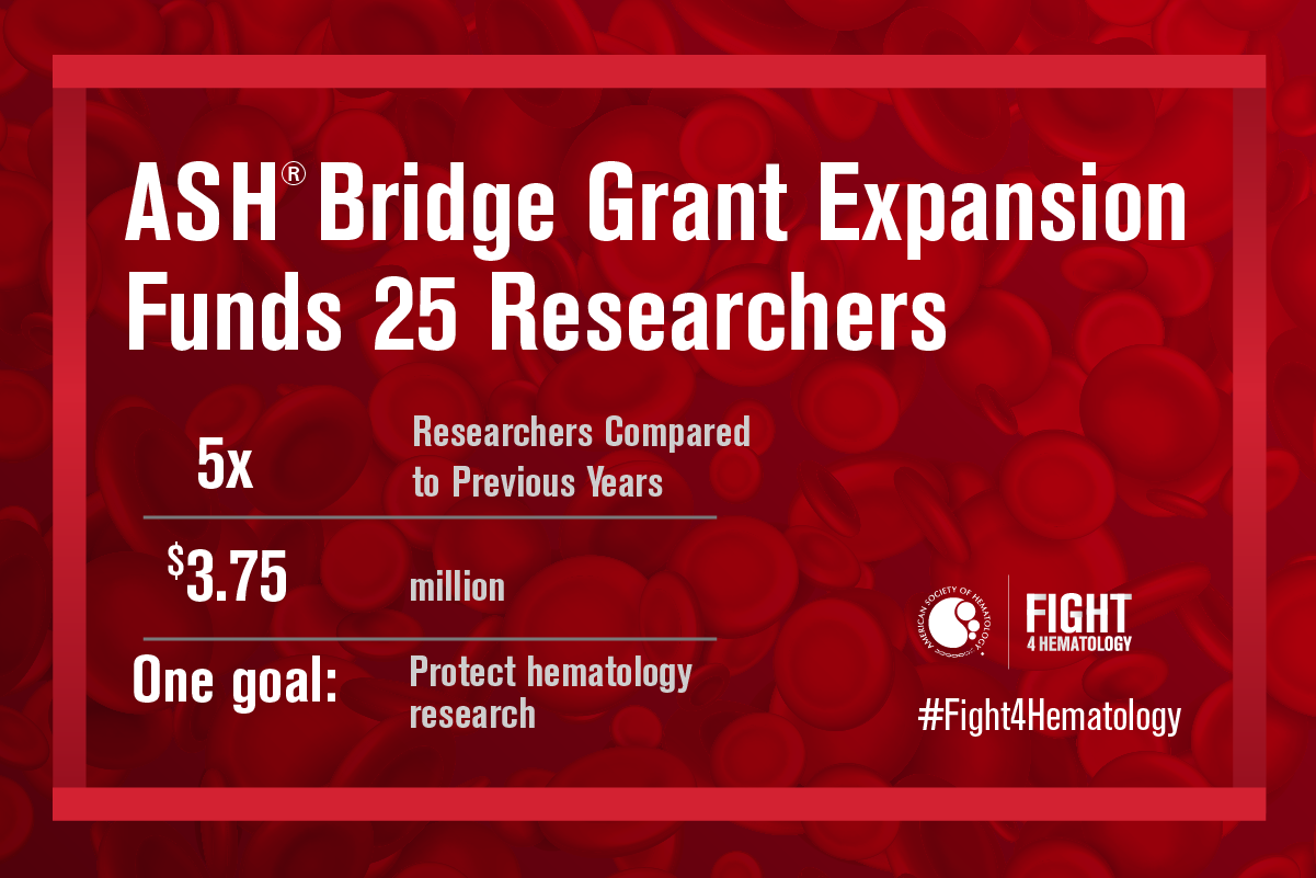 An image with a red background featuring text about the ASH Bridge Grant Expansion Funds for 25 researchers, which is five times more than previous years, amounting to $3.75 million, with the goal of protecting hematology research.