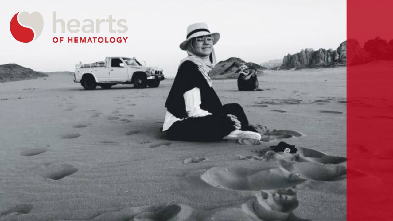 A photo of Hadil Zureigat with the hearts of hematology logo and branding