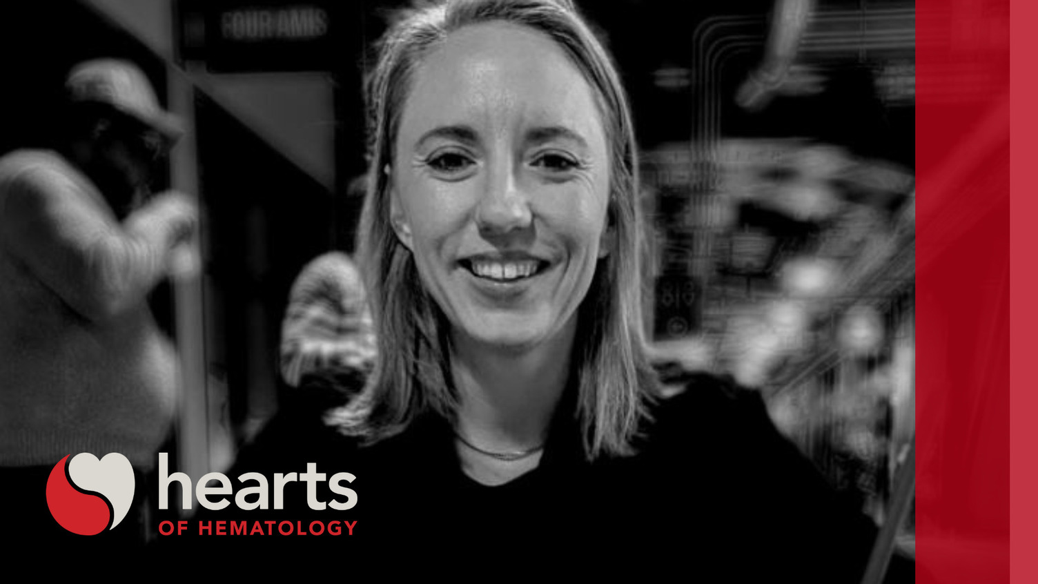 A photo of Madeline Niederkorn with the hearts of Hematology logo and branding