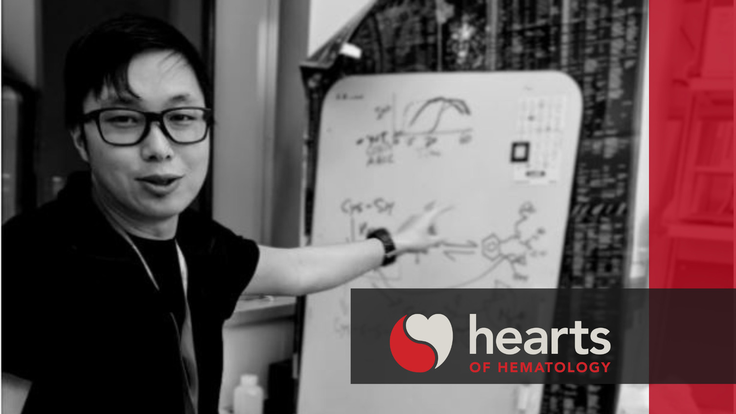 A Photo of Moua Yang  with the hearts of Hematology logo and branding