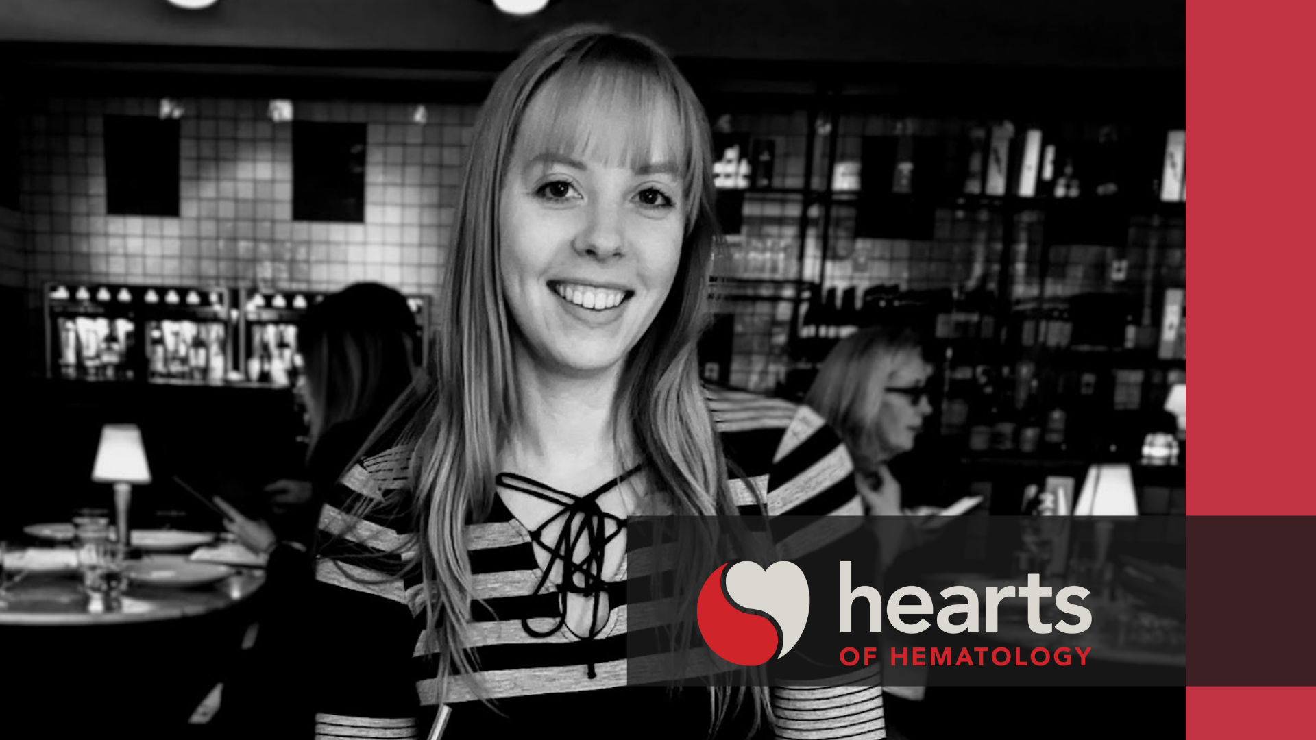 A photo of Marisa Brake with the hearts of hematology branding
