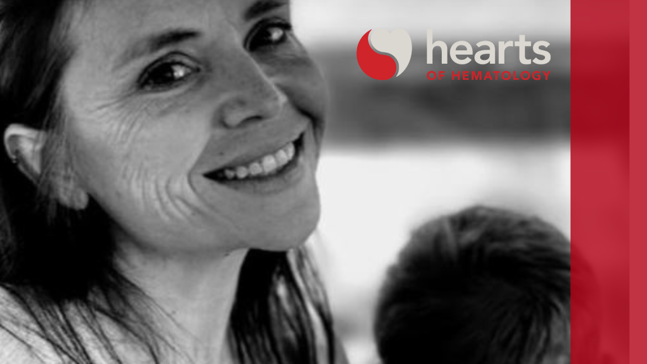 A photo of Suzanne Reed with the hearts of hematology logo and branding