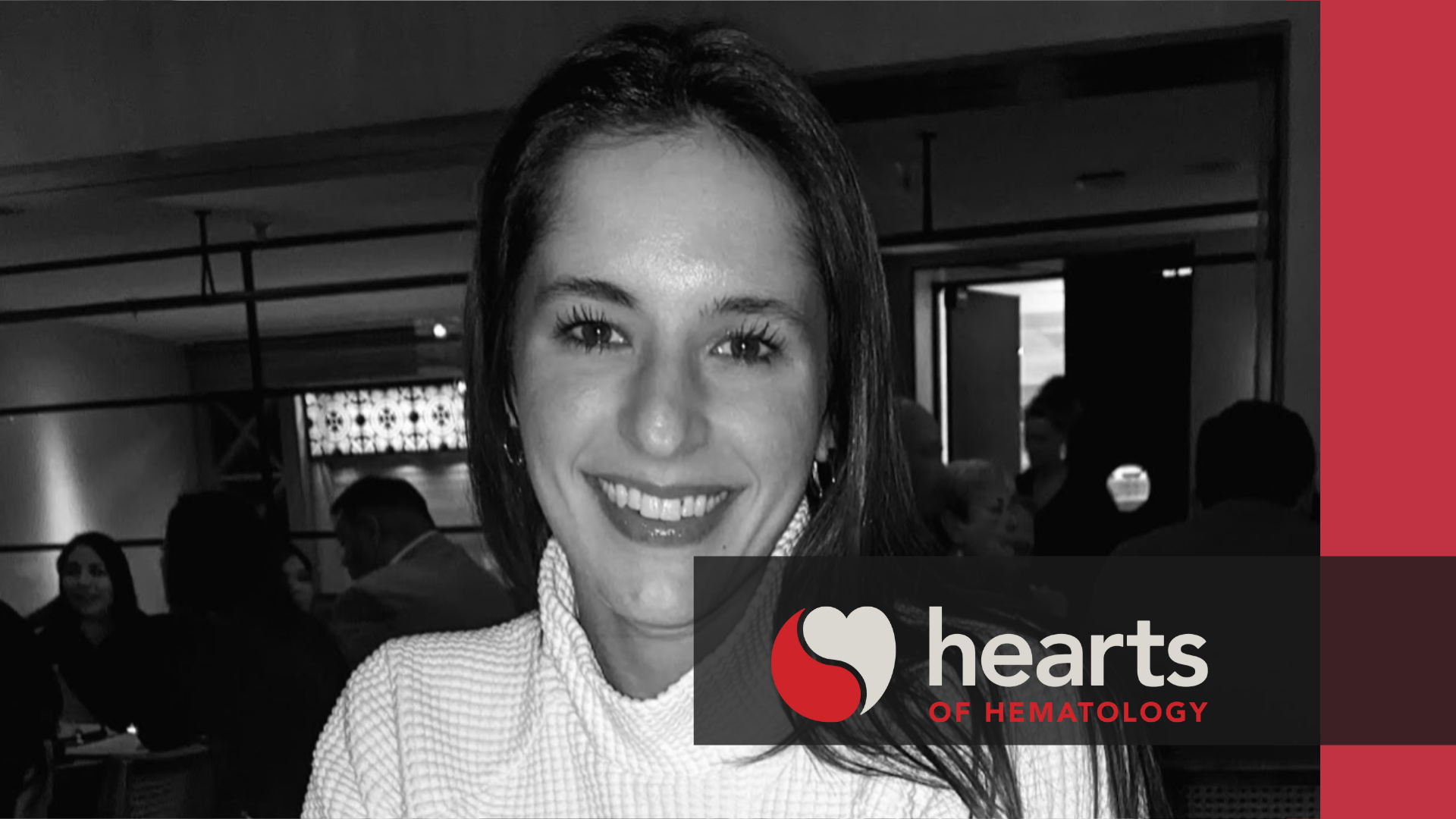 A photo of  Tyler Bendrick with the hearts of hematology branding