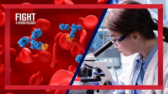 A photo depicting a hematology researcher using a microscope on one side and an image of sickle-shaped red blood cells on the other side, illustrating medical advancements.
