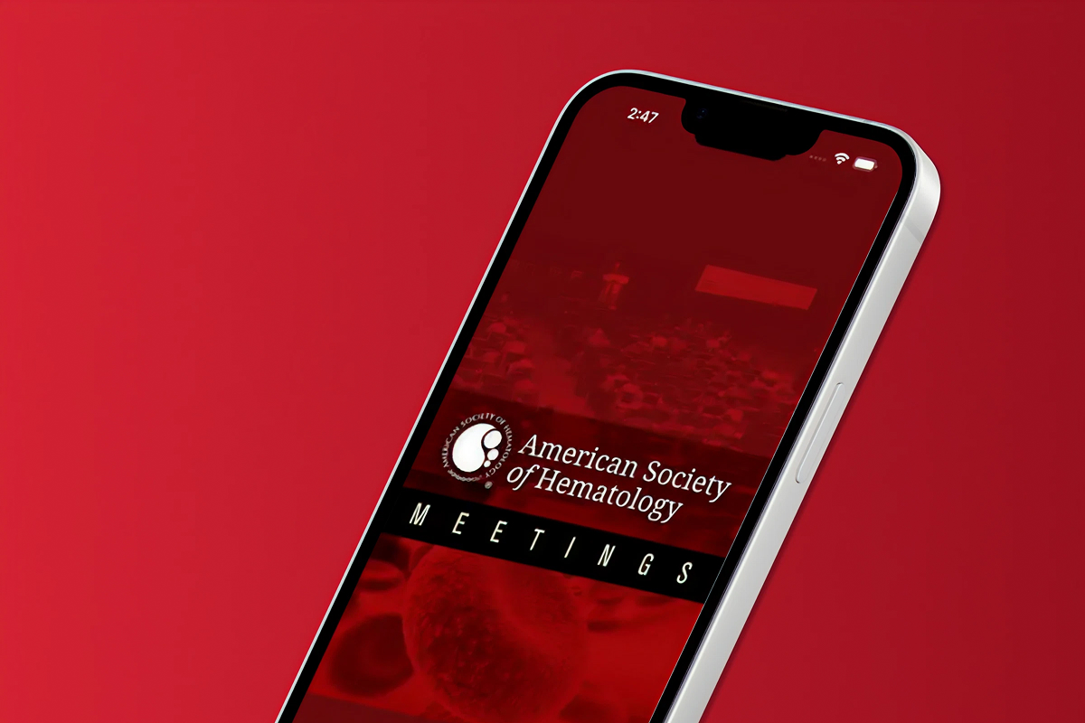 A photo of a mobile phone showing the ASH annual meeting app