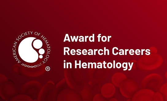 A graphic with ASH red background and logo with text Award for Research Careers in Hematology