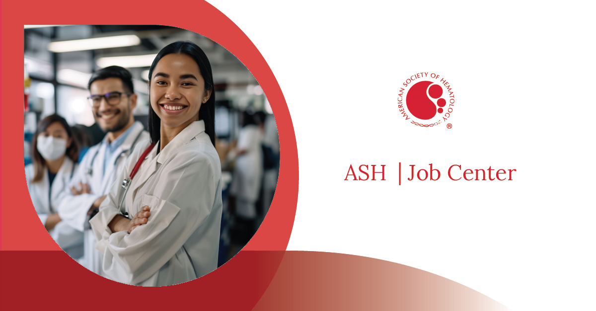 A graphic representing ASH Job center. it includes three young professionals in lab gown smiling with the ASH job brand