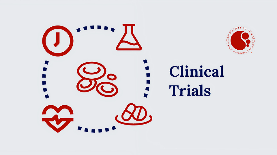 An image featuring various icons, including blood symbols, tablets, and other representations related to clinical trials.