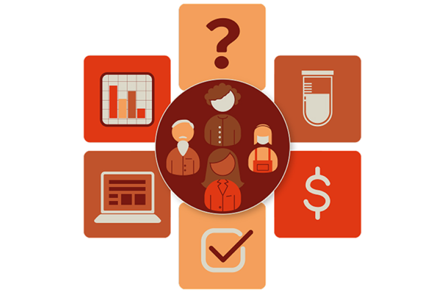 illustrations of people, a question mark, test tube, dollar sign, check mark, laptop, and bar chart
