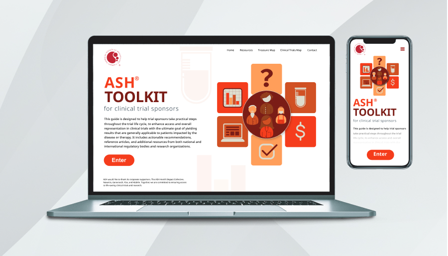 A graphic of laptop and mobile phone mockup showing the landing page of the ASH Toolkit for Clinical Trial Sponsors