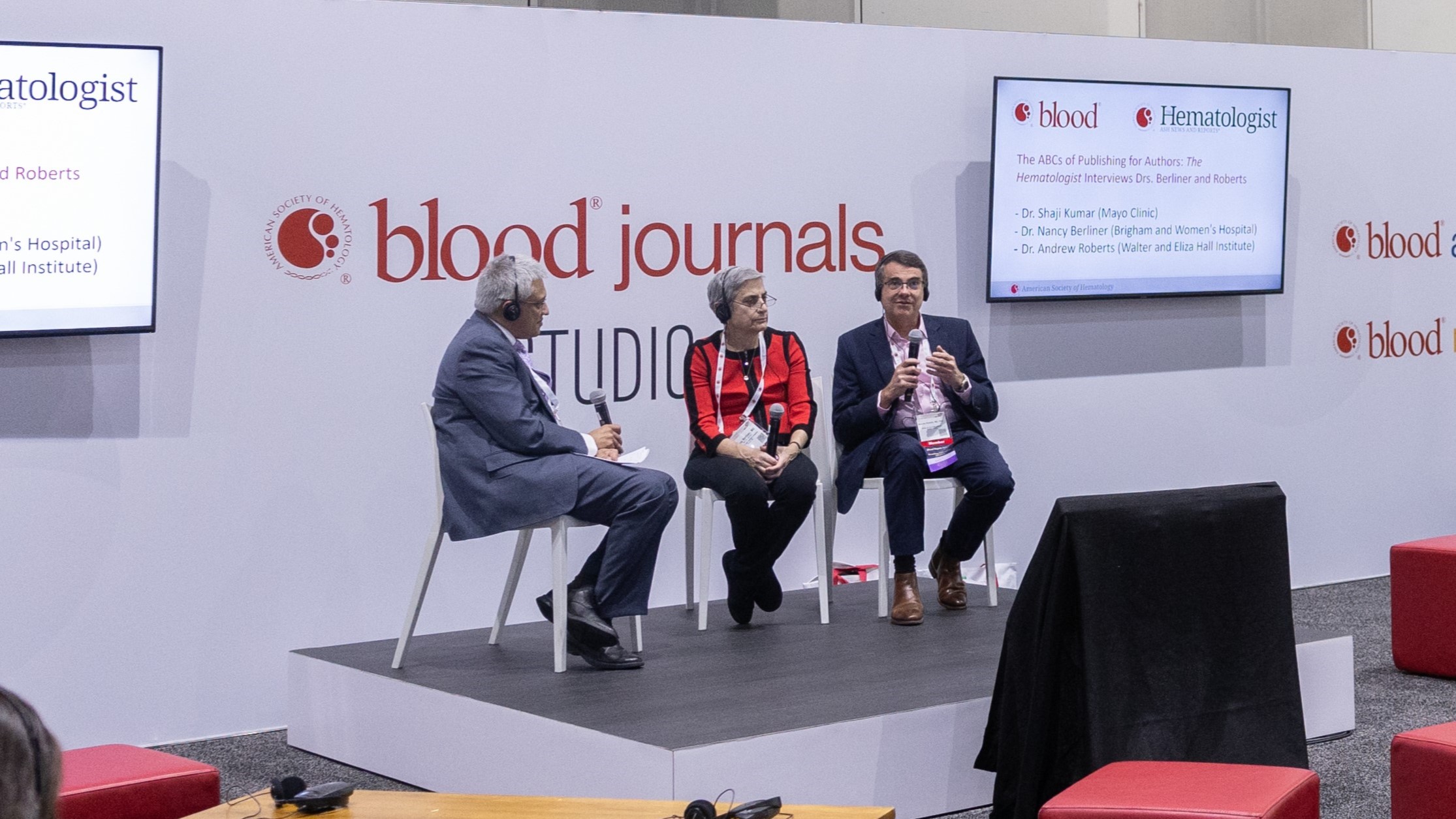 ASH Publications Editors converse at the Blood Journals Studio at the 2023 ASH Annual Meeting